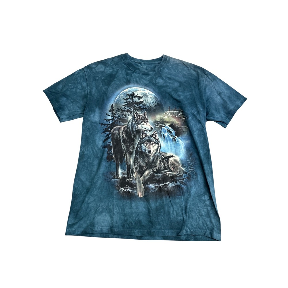 The Mountain Wolf Moon Waterfall Tie Dye Graphic T-Shirt Mens L Teal Blue